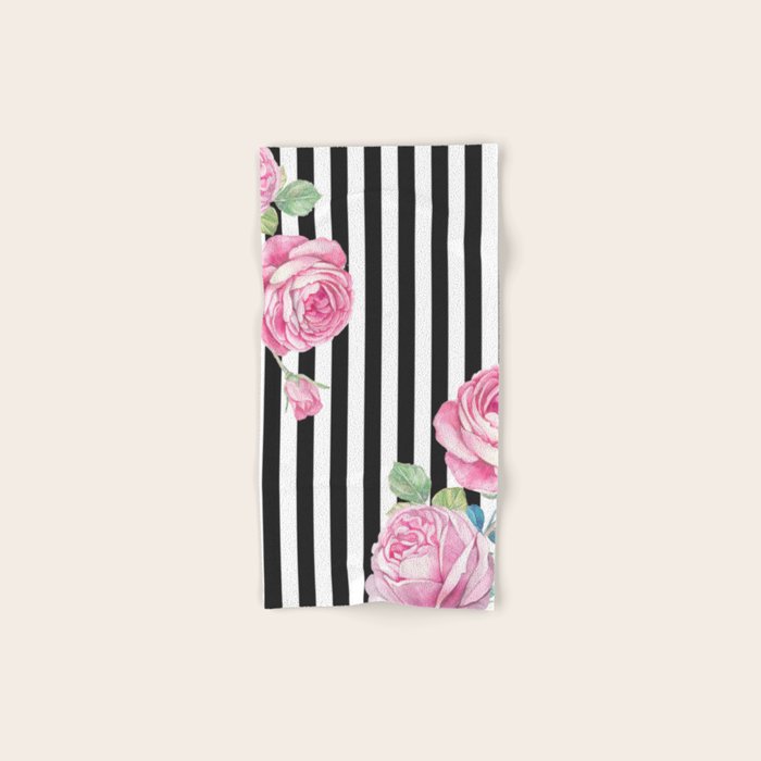 Black White Blush Pink Watercolor Floral Stripes Bath Towel