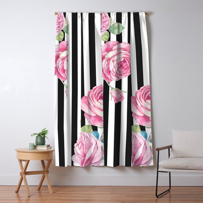 Black White Blush Pink Watercolor Floral Stripes Window Curtain
