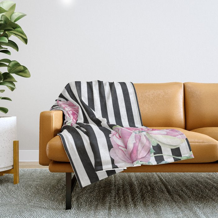Black White Blush Pink Watercolor Floral Stripes Throw Blanket