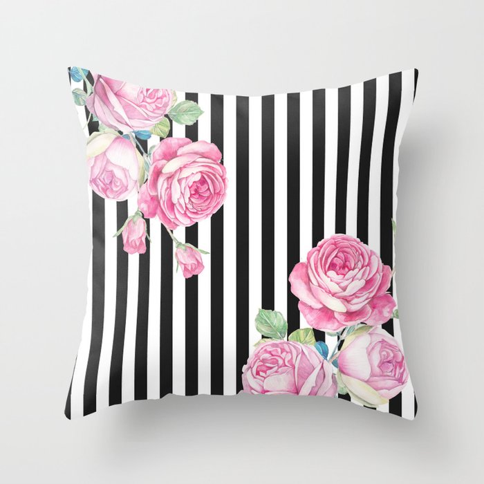 Black White Blush Pink Watercolor Floral Stripes Throw Pillow