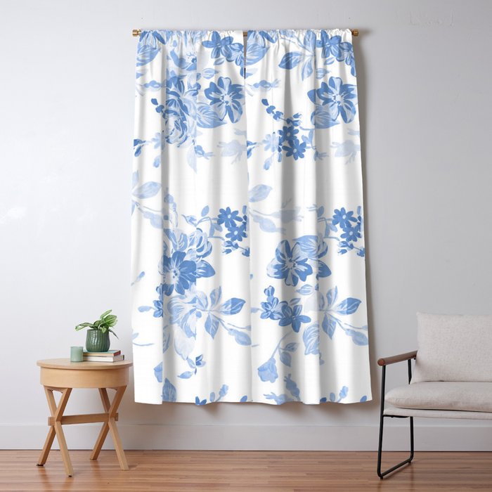 Modern Navy Blue White Watercolor Elegant Floral Window Curtain