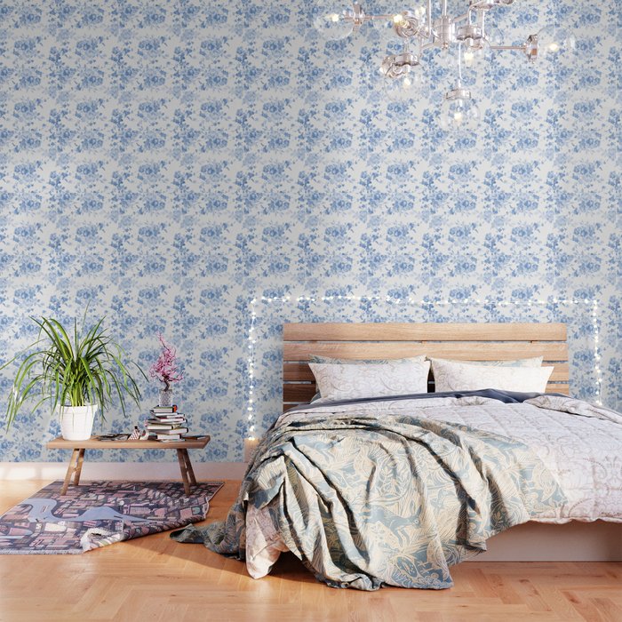 Modern Navy Blue White Watercolor Elegant Floral Wallpaper