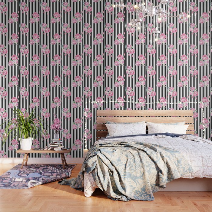 Black White Blush Pink Watercolor Floral Stripes Wallpaper