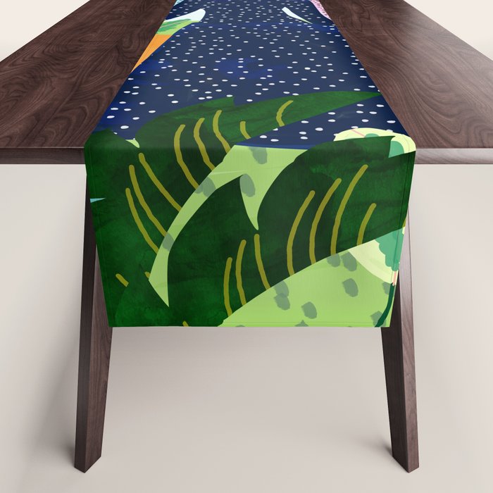 African Safari, Colorful Tropical Jungle Travel, Botanical Watercolor, Blonde Woman With A Leopard Table Runner