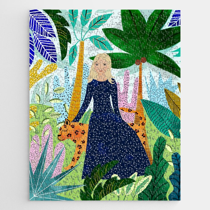 African Safari, Colorful Tropical Jungle Travel, Botanical Watercolor, Blonde Woman With A Leopard Jigsaw Puzzle