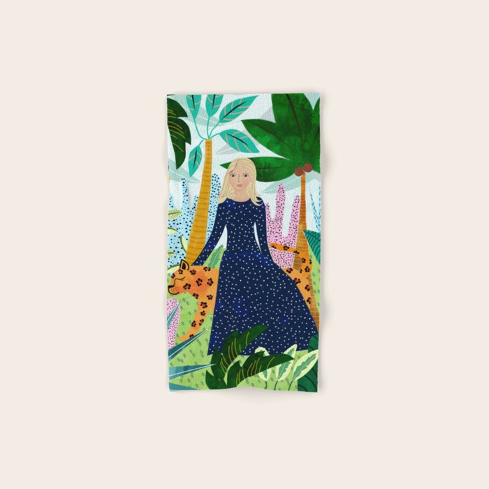 African Safari, Colorful Tropical Jungle Travel, Botanical Watercolor, Blonde Woman With A Leopard Bath Towel