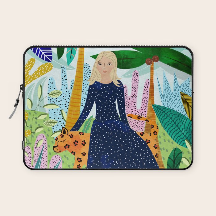 African Safari, Colorful Tropical Jungle Travel, Botanical Watercolor, Blonde Woman With A Leopard Laptop Sleeve