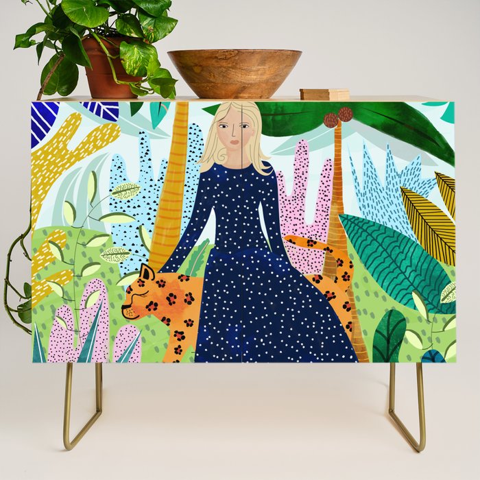 African Safari, Colorful Tropical Jungle Travel, Botanical Watercolor, Blonde Woman With A Leopard Credenza