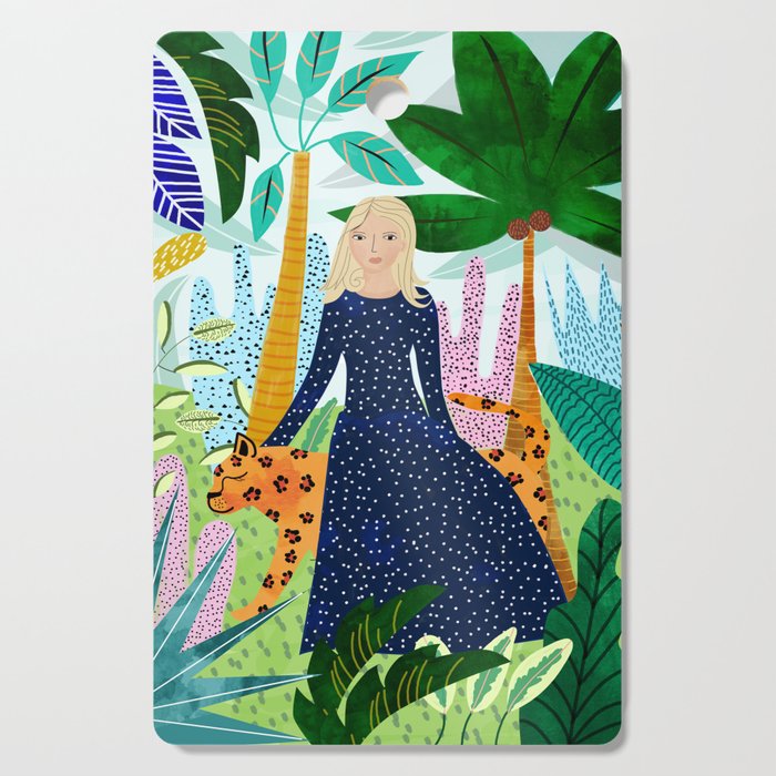 African Safari, Colorful Tropical Jungle Travel, Botanical Watercolor, Blonde Woman With A Leopard Cutting Board