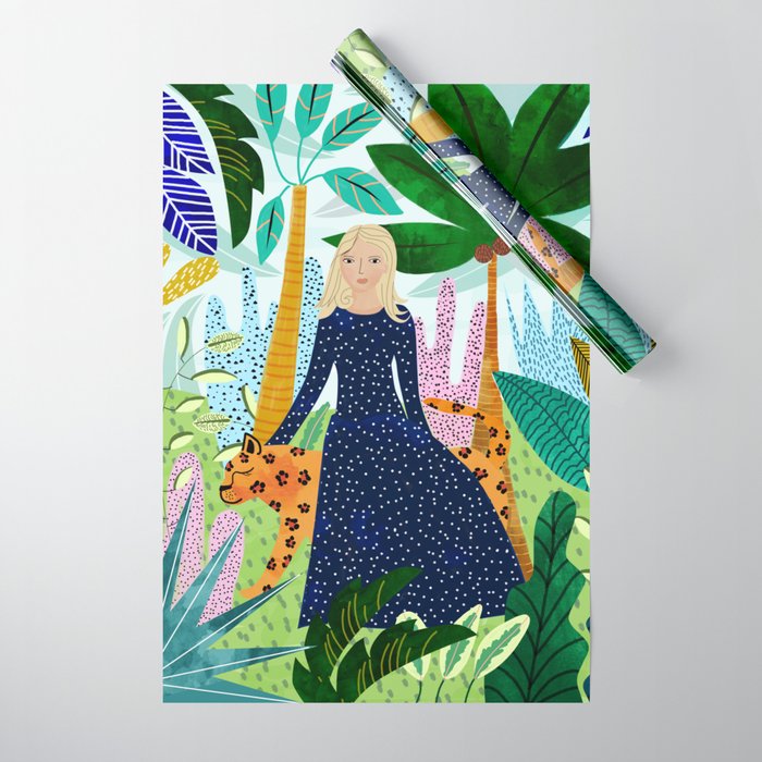 African Safari, Colorful Tropical Jungle Travel, Botanical Watercolor, Blonde Woman With A Leopard Wrapping Paper