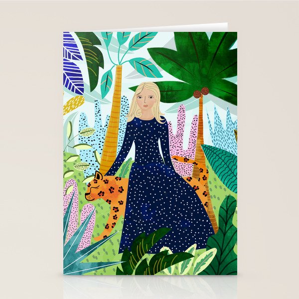 African Safari, Colorful Tropical Jungle Travel, Botanical Watercolor, Blonde Woman With A Leopard Stationery Card