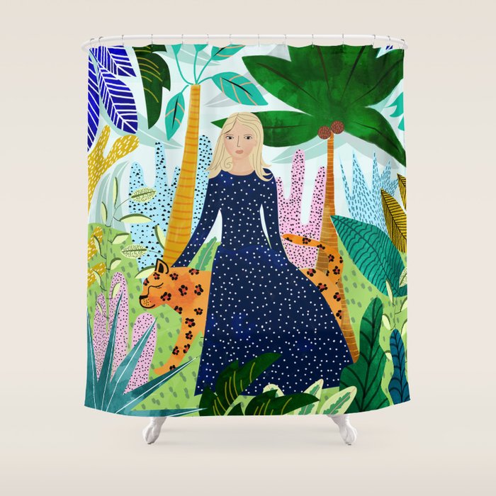 African Safari, Colorful Tropical Jungle Travel, Botanical Watercolor, Blonde Woman With A Leopard Shower Curtain