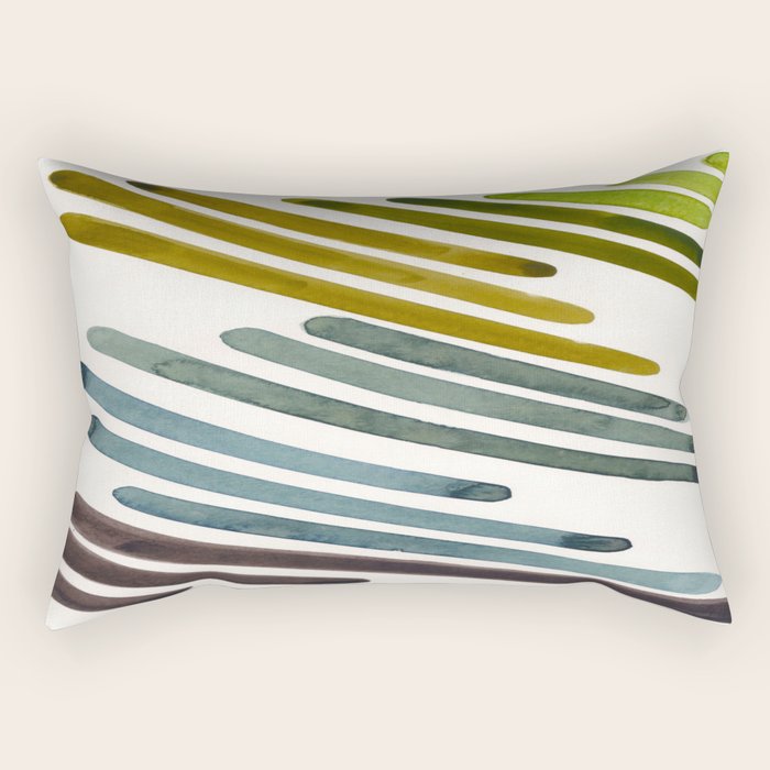 Olive Green Navy Blue Watercolor Colorful Stripes Mid Century Modern Art Primitive Abstract Art Rectangular Pillow