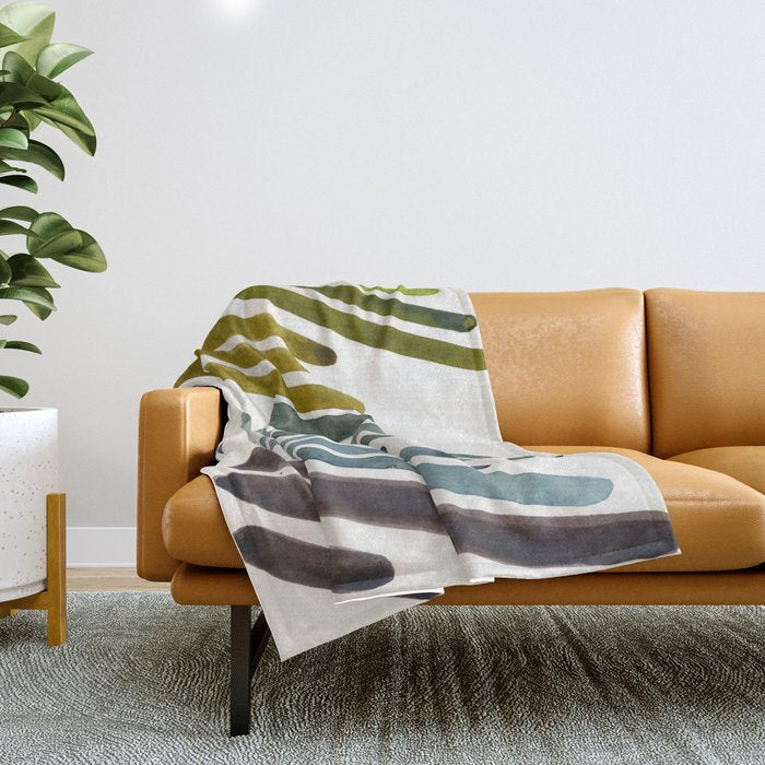 Olive Green Navy Blue Watercolor Colorful Stripes Mid Century Modern Art Primitive Abstract Art Throw Blanket