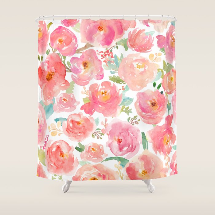 Pink Peonies Watercolor Pattern Shower Curtain