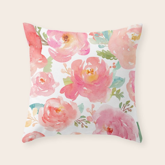 Pink Peonies Watercolor Pattern Throw Pillow