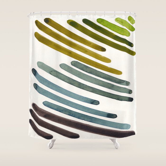 Olive Green Navy Blue Watercolor Colorful Stripes Mid Century Modern Art Primitive Abstract Art Shower Curtain