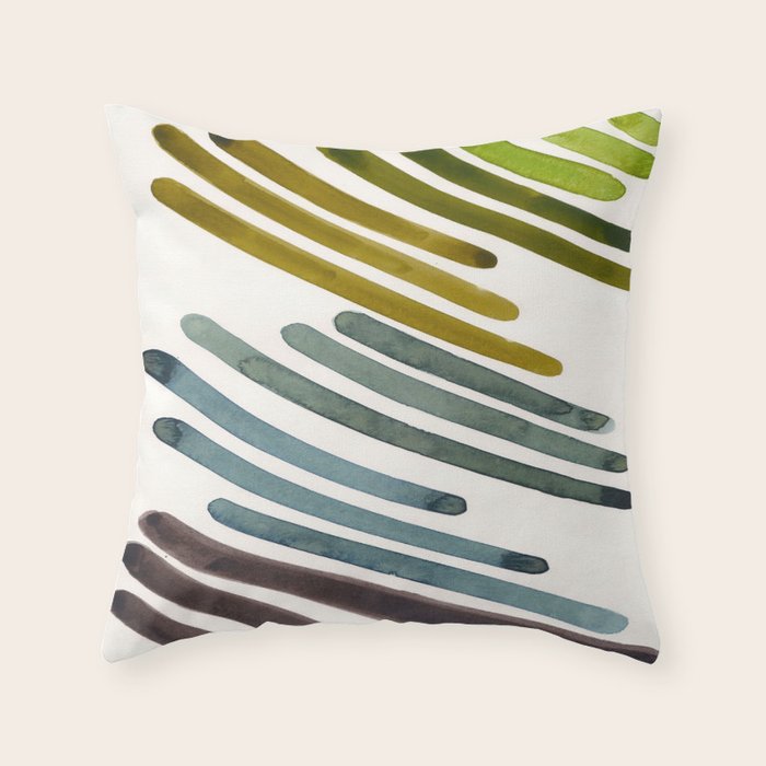 Olive Green Navy Blue Watercolor Colorful Stripes Mid Century Modern Art Primitive Abstract Art Throw Pillow
