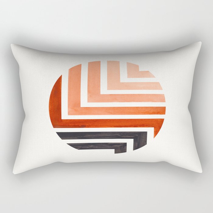 Burnt Sienna Circle Round Framed Mid Century Modern Aztec Geometric Pattern Maze Rectangular Pillow