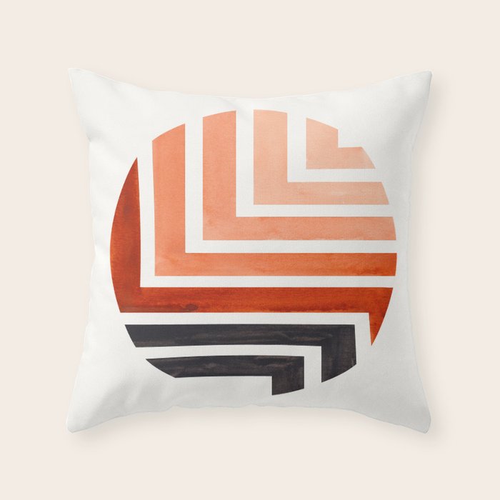 Burnt Sienna Circle Round Framed Mid Century Modern Aztec Geometric Pattern Maze Throw Pillow