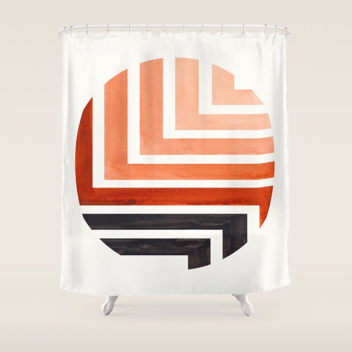 Burnt Sienna Circle Round Framed Mid Century Modern Aztec Geometric Pattern Maze Shower Curtain