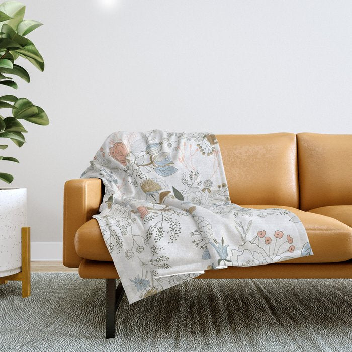 Elegant Abstract Coral Pastel Blue Modern Rustic Floral Throw Blanket