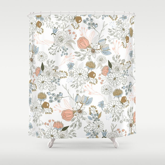 Elegant Abstract Coral Pastel Blue Modern Rustic Floral Shower Curtain