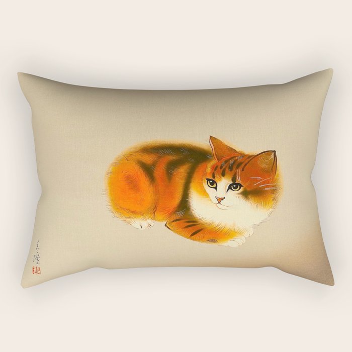 Orange Fluffy Kitten Japanese Vintage Woodblock Print Rectangular Pillow