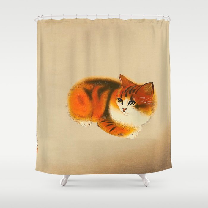 Orange Fluffy Kitten Japanese Vintage Woodblock Print Shower Curtain