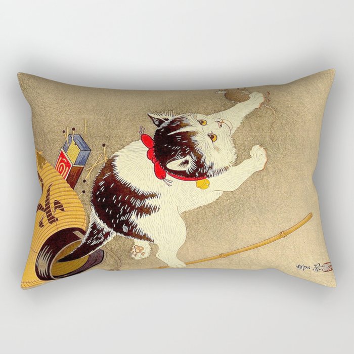 Japanese Woodblock Print Cat Lantern Playful Vintage Art Rectangular Pillow