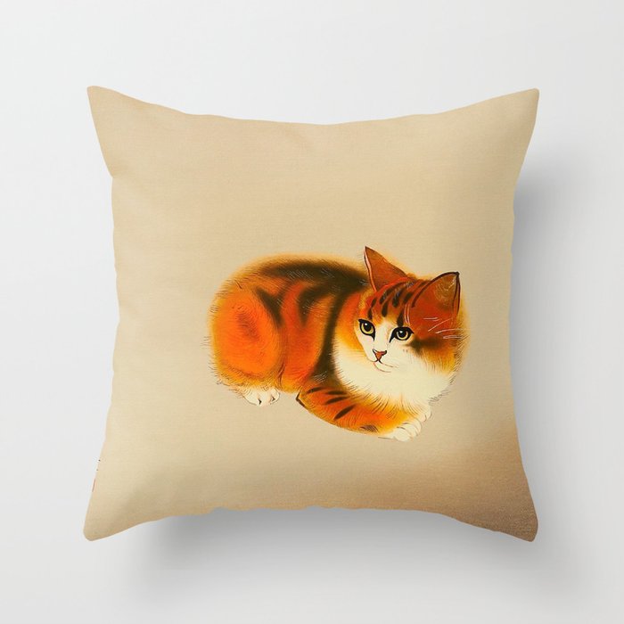Orange Fluffy Kitten Japanese Vintage Woodblock Print Throw Pillow
