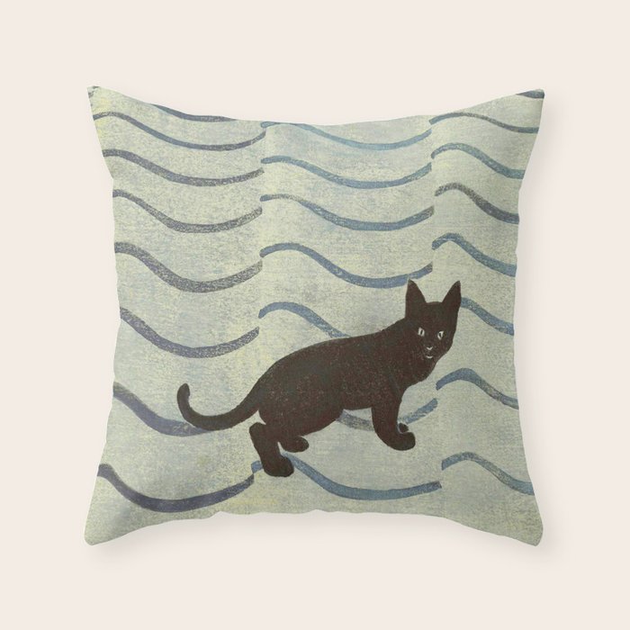 Aoyama Masaharu Japanese Woodblock Print Black Cat On Water Vintage Traditional Art Throw Pillow