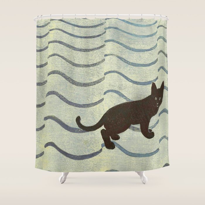 Aoyama Masaharu Japanese Woodblock Print Black Cat On Water Vintage Traditional Art Shower Curtain