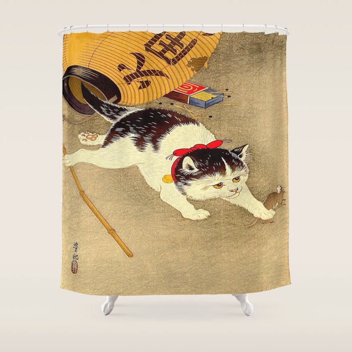 Japanese Woodblock Print Cat Lantern Playful Vintage Art Shower Curtain