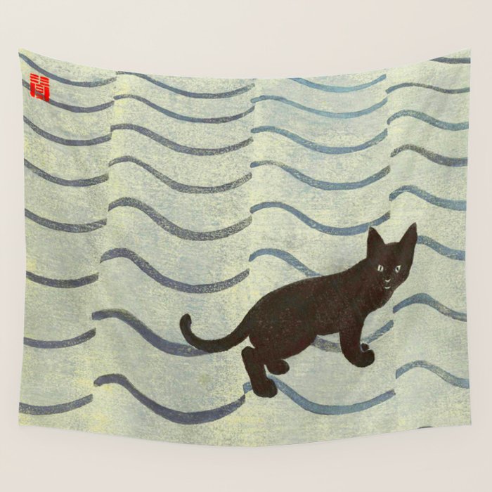 Aoyama Masaharu Japanese Woodblock Print Black Cat On Water Vintage Traditional Art Wall Tapestry