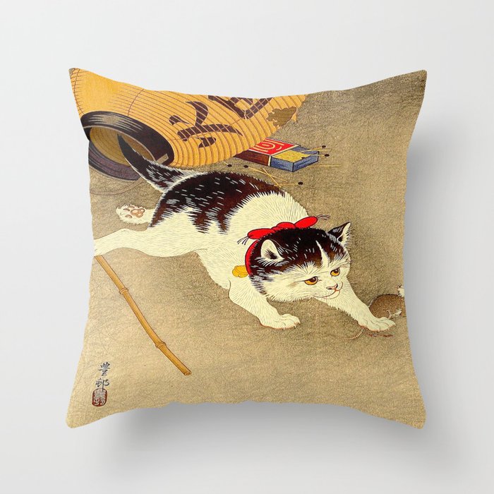 Japanese Woodblock Print Cat Lantern Playful Vintage Art Throw Pillow