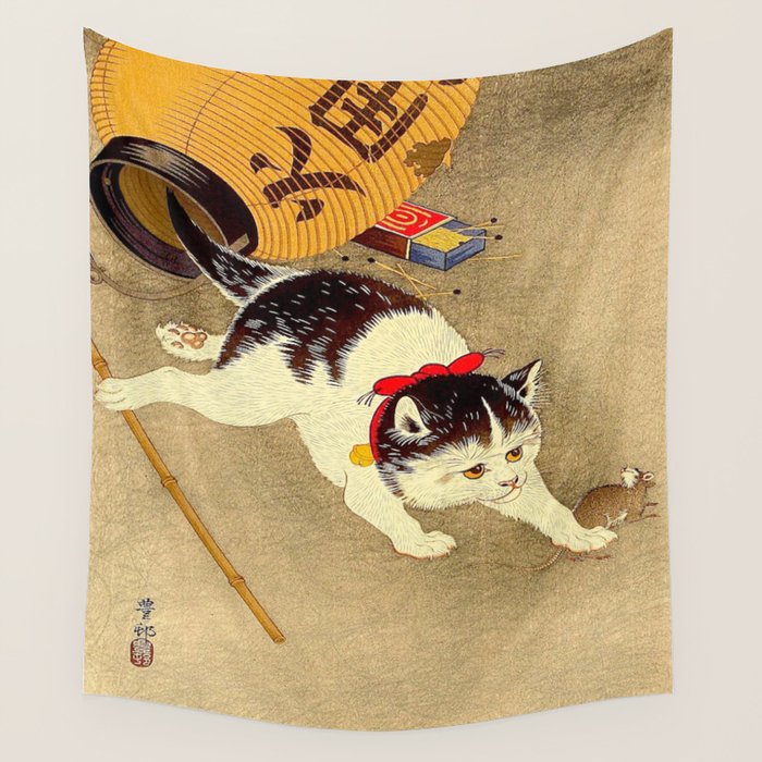 Japanese Woodblock Print Cat Lantern Playful Vintage Art Wall Tapestry