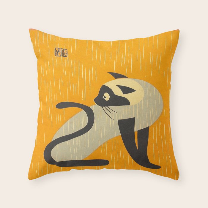 Asai Kiyoshi Japanese Woodblock Siamese Cat Midcounty Modern Art Throw Pillow