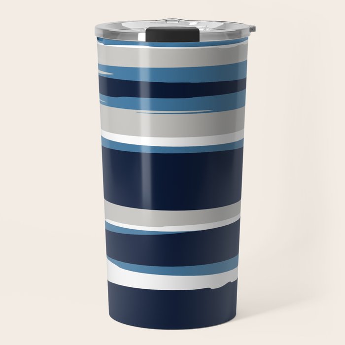 Ocean Beach Striped Landscape, Navy, Blue, Gray Travel Mug