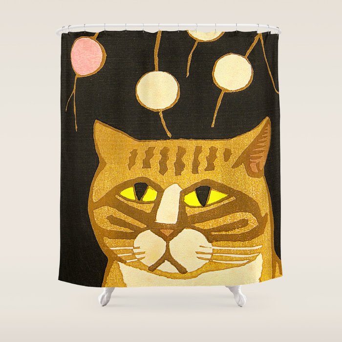 Japanese Cat Cubism Woodblock Print Cherry Blossom Midcentury Modern Shower Curtain