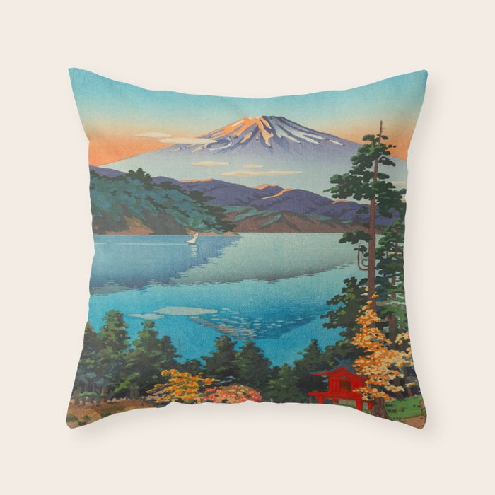 Tsuchiya Koitsu Vintage Japanese Woodblock Print Fall Autumn Mount Fuji Throw Pillow
