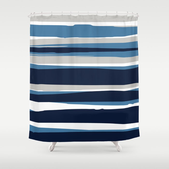 Ocean Beach Striped Landscape, Navy, Blue, Gray Shower Curtain