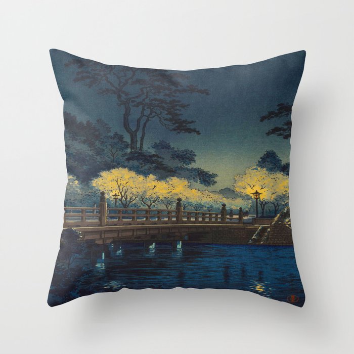 Tsuchiya Koitsu Vintage Japanese Woodblock Print Spring Blossom At Night T Throw Pillow