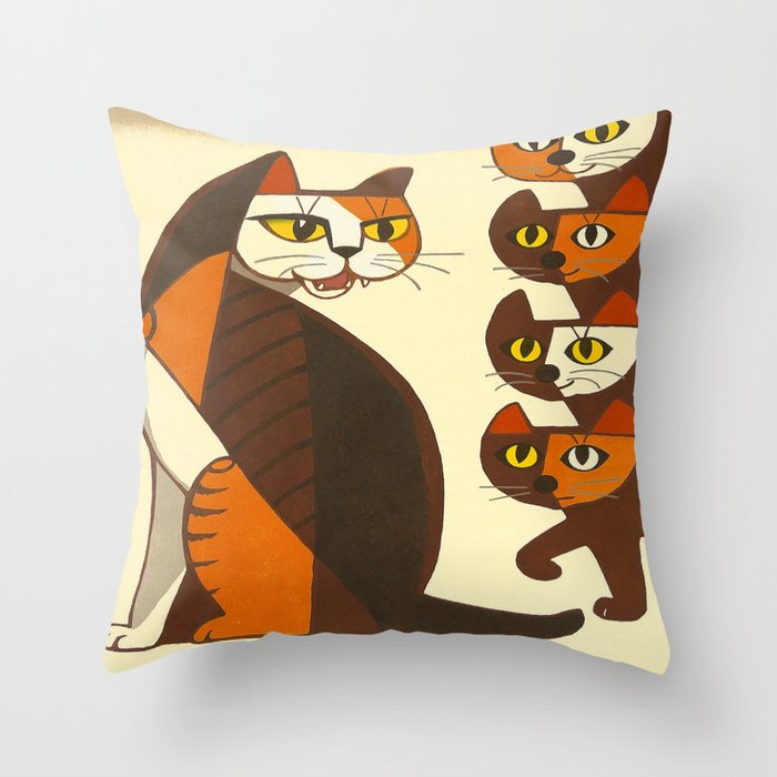 Inagaki Tomoo Vintage Japanese Woodblock Print Mid Century Modern Cubism Art Cats Feline Throw Pillow