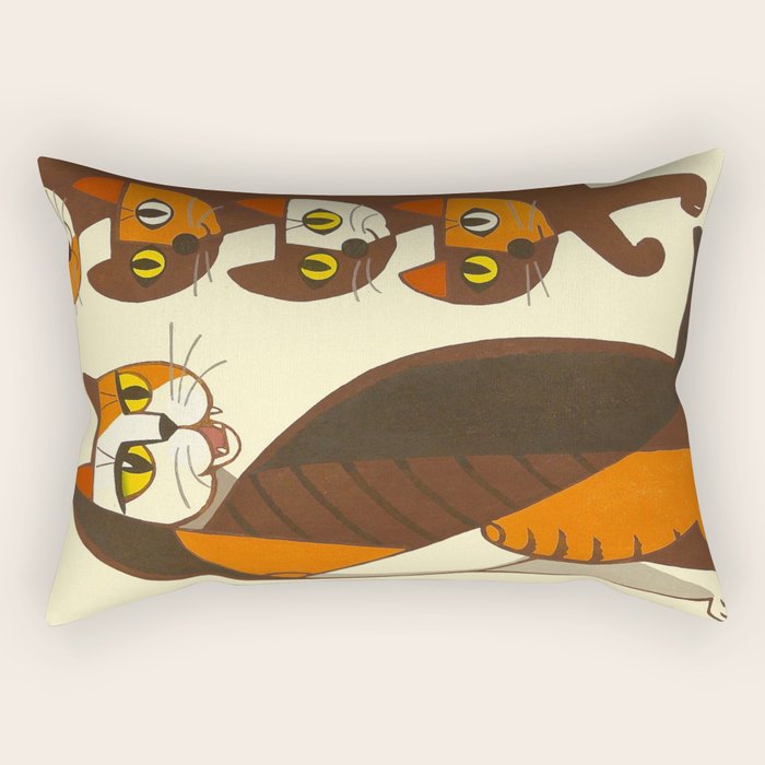 Inagaki Tomoo Vintage Japanese Woodblock Print Mid Century Modern Cubism Art Cats Feline Rectangular Pillow