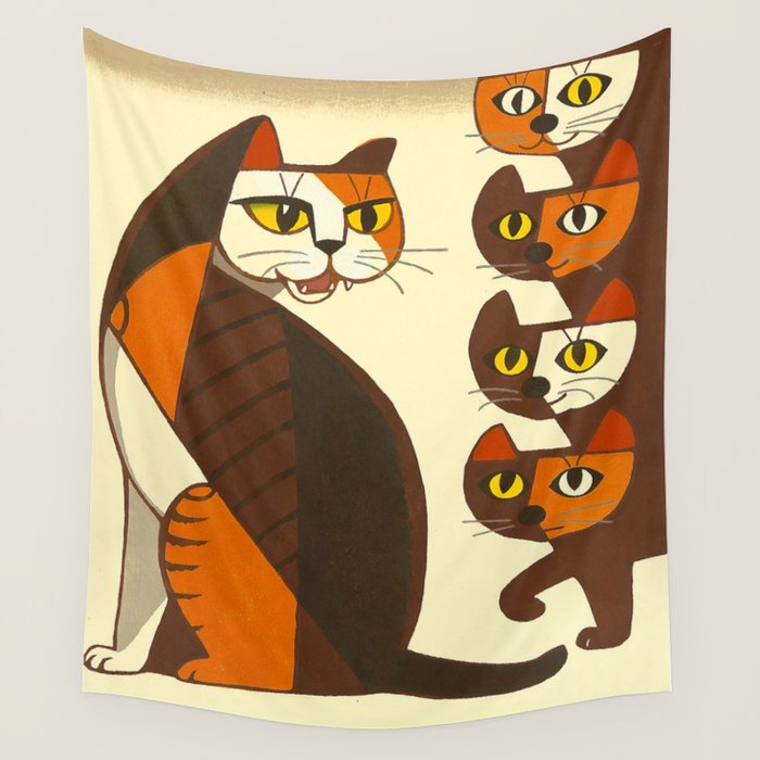 Inagaki Tomoo Vintage Japanese Woodblock Print Mid Century Modern Cubism Art Cats Feline Wall Tapestry