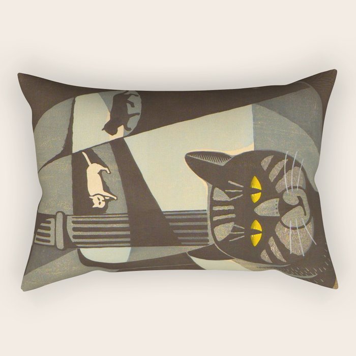 Inagaki Tomoo Vintage Japanese Woodblock Print Mid Century Modern Cubism Art Cats Feline Rectangular Pillow