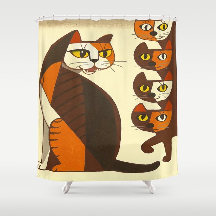 Inagaki Tomoo Vintage Japanese Woodblock Print Mid Century Modern Cubism Art Cats Feline Shower Curtain