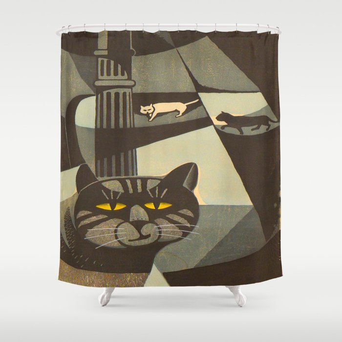 Inagaki Tomoo Vintage Japanese Woodblock Print Mid Century Modern Cubism Art Cats Feline Shower Curtain
