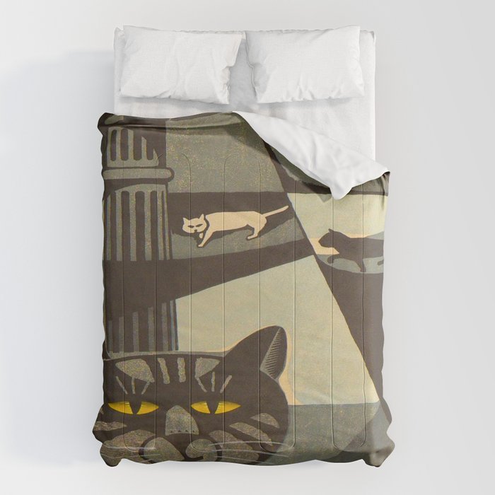 Inagaki Tomoo Vintage Japanese Woodblock Print Mid Century Modern Cubism Art Cats Feline Comforter